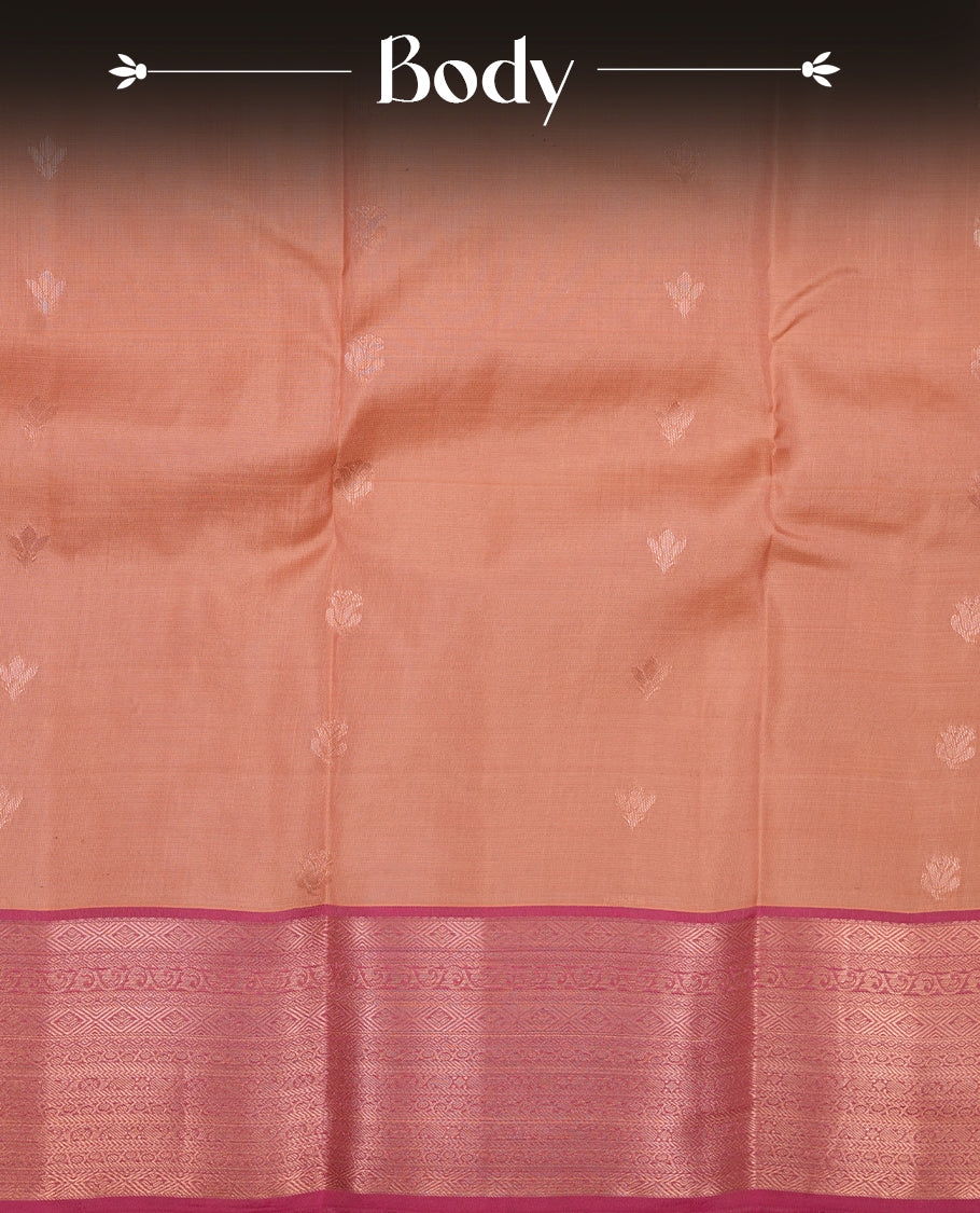 Sandalwood colour soft silk saree featuring gold zari motifs on the body, complemented by a contrast Magenta traditional zari border and pallu, paired with a matching blouse piece.