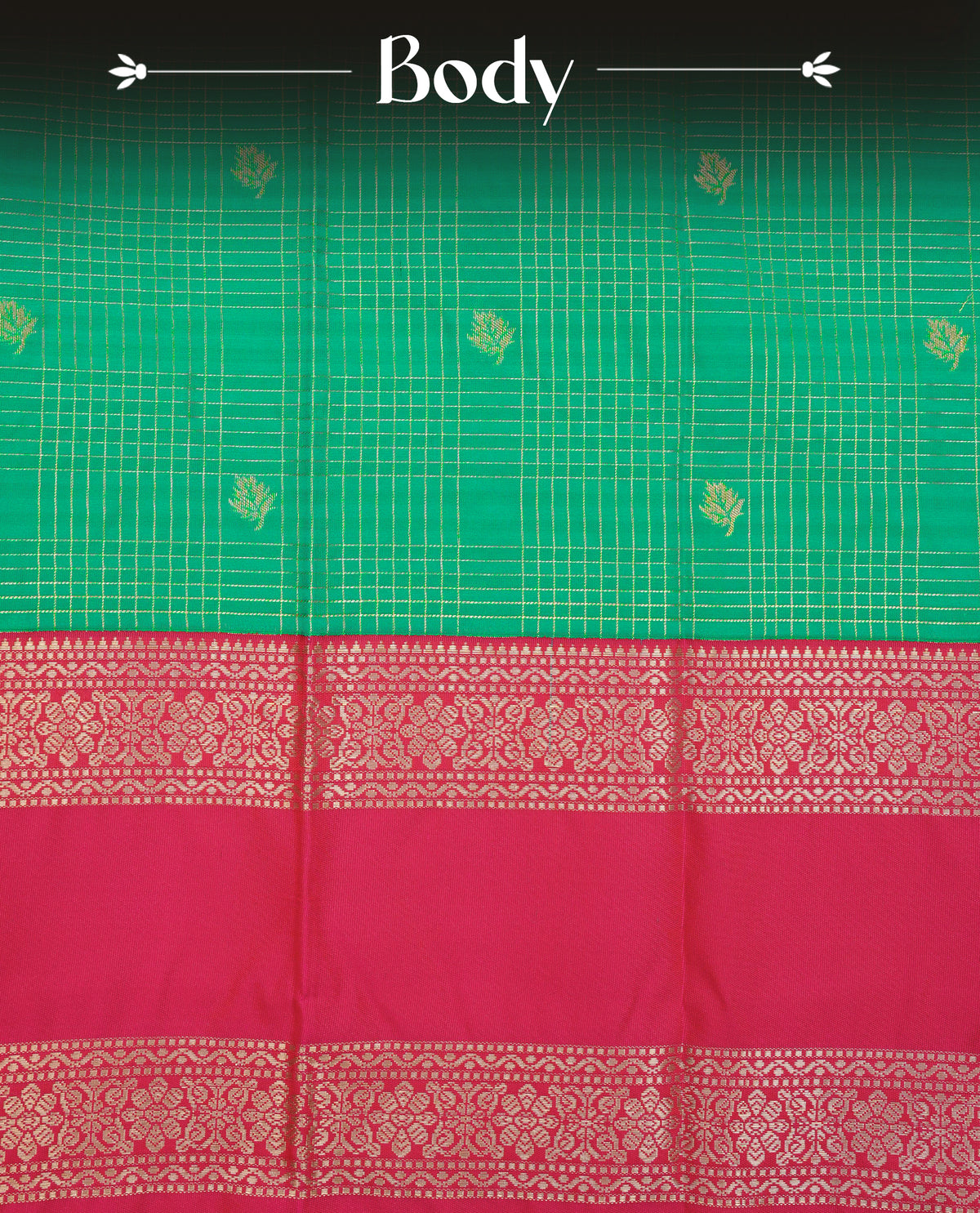 Teal green colour soft silk saree featuring gold zari checks with buttas on body, contrast rani pink colour gold zari floral traditional border, grand pallu comes with matching blouse piece.