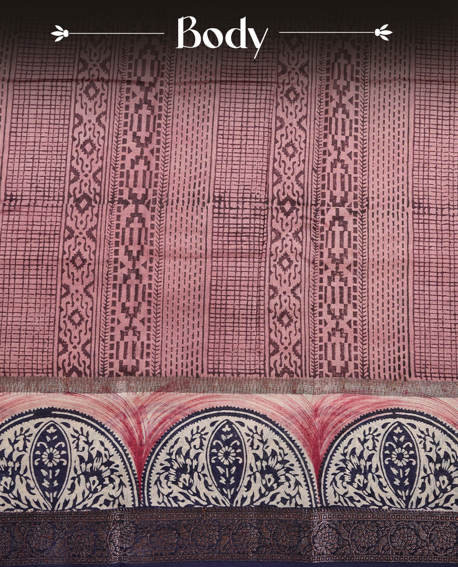 Pink colour chanderi silk saree featuring geometric print pattern across body, with contrast Blue colour border with zari pattern and paired with matching blouse.