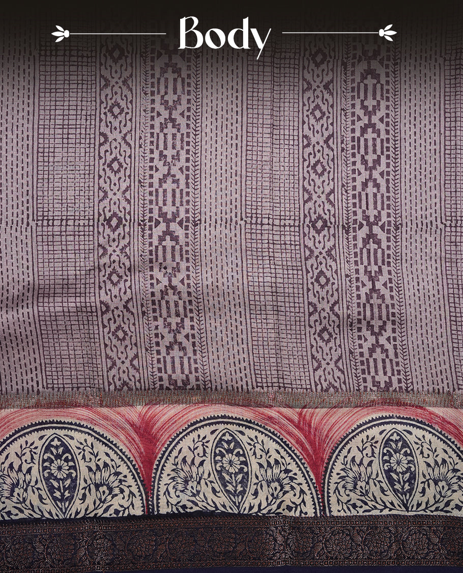 Purple colour chanderi silk saree featuring geometric print pattern across body, with contrast Blue colour border with zari pattern and paired with matching blouse.