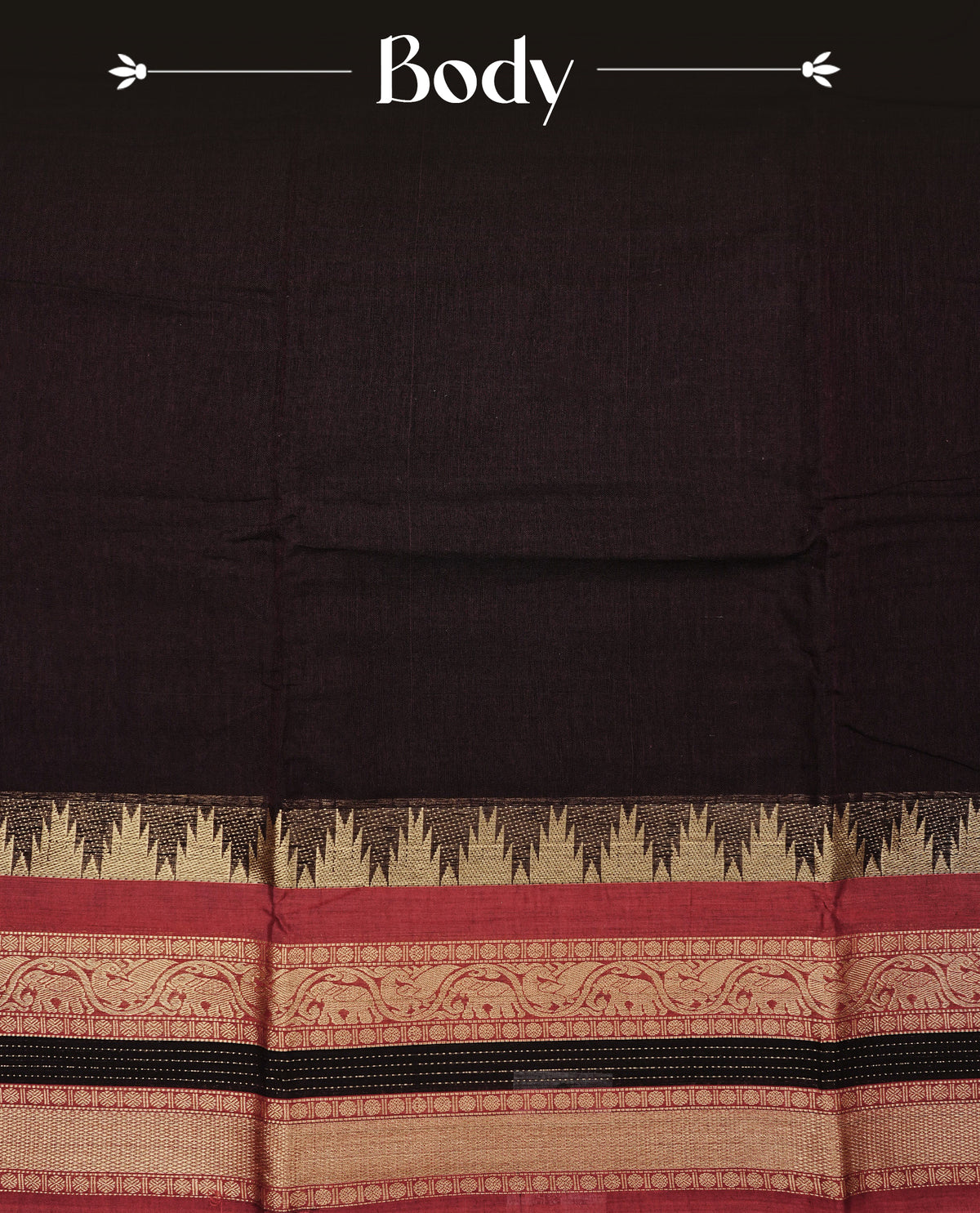 Dark Brown colour Narayanapattu cotton saree with a plain body, complemented by a red colour with Gold Zari & temple designed border & contrast pallu, paired with a matching blouse piece.