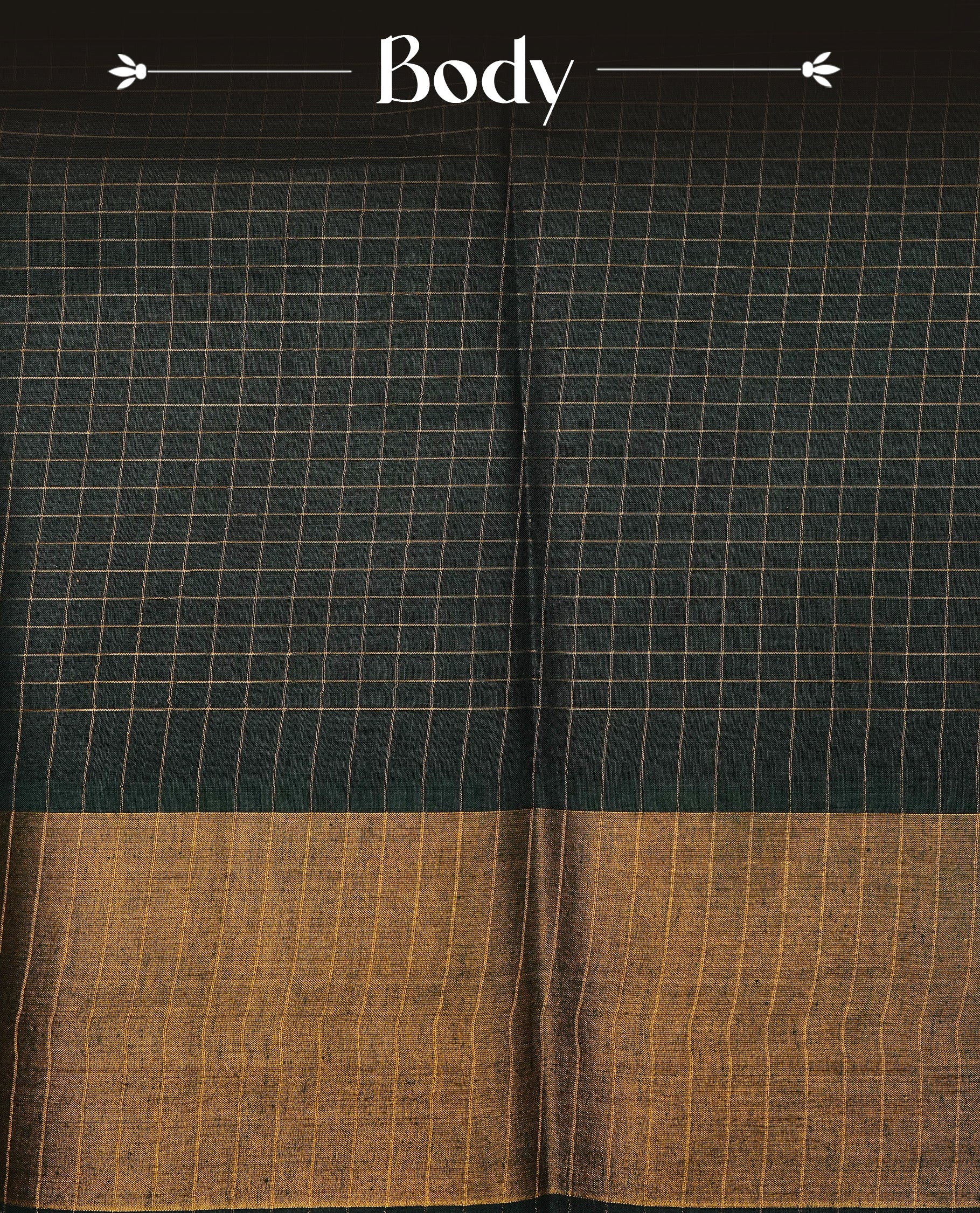 Dark green Sungudi cotton saree featuring elegant gold zari checks across the body, complemented by a contrast gold zari border. Comes with a matching blouse piece.