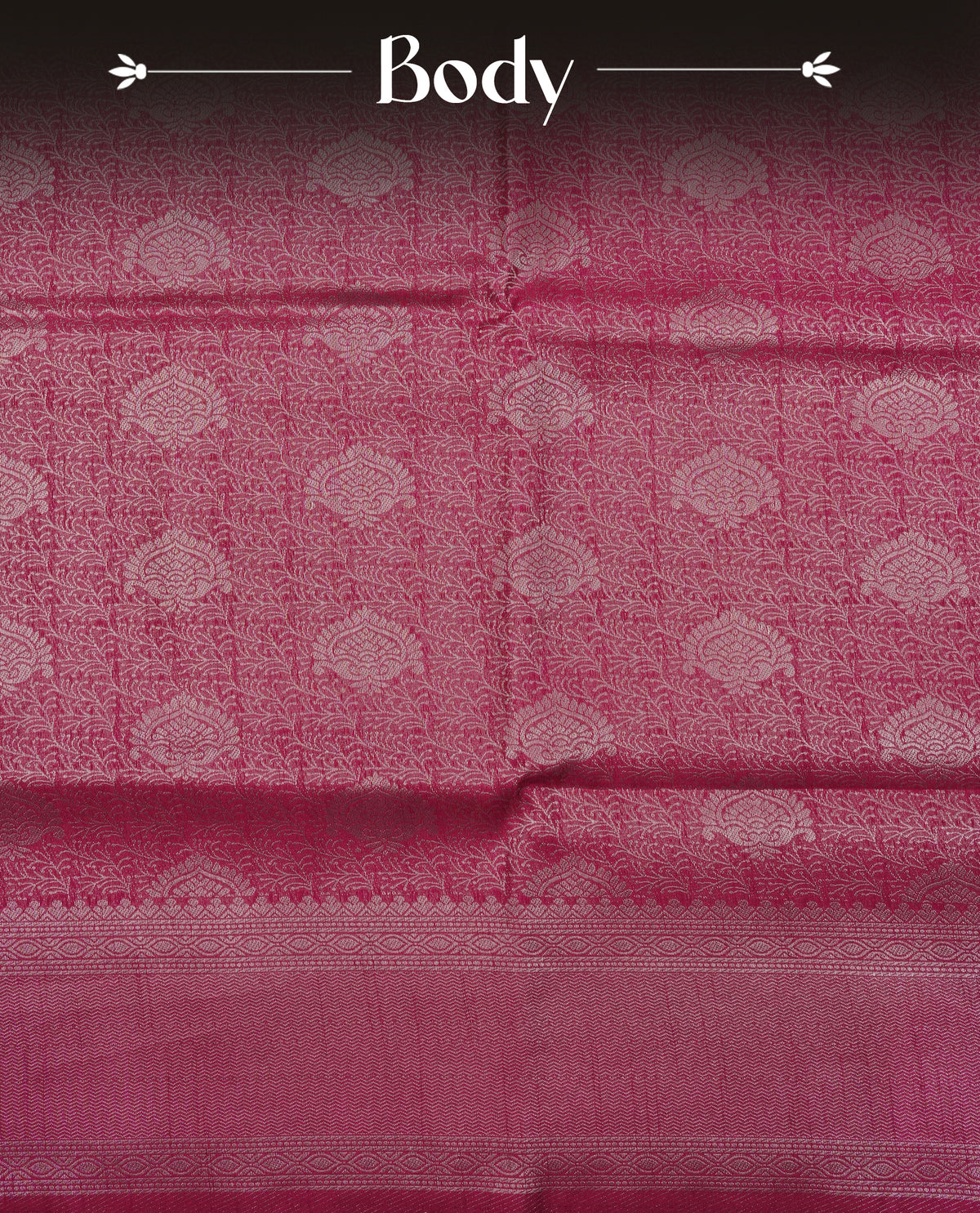 Magenta colour softie silk saree featuring silver zari, rich pallu floral brocade body, with contrasting self colour border.paired with matching blouse piece.