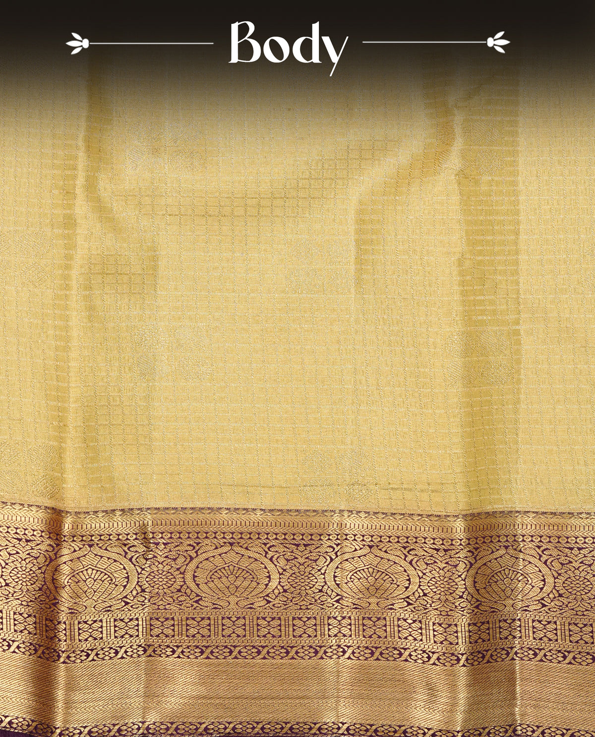 Gold colour Semi Tissue Silk Saree featuring gold zari checks with peacock motifs on the body, complemented by an intricately woven gold zari pallu, a rich Purple border with gold zari work and paired with a matching plain blouse piece.