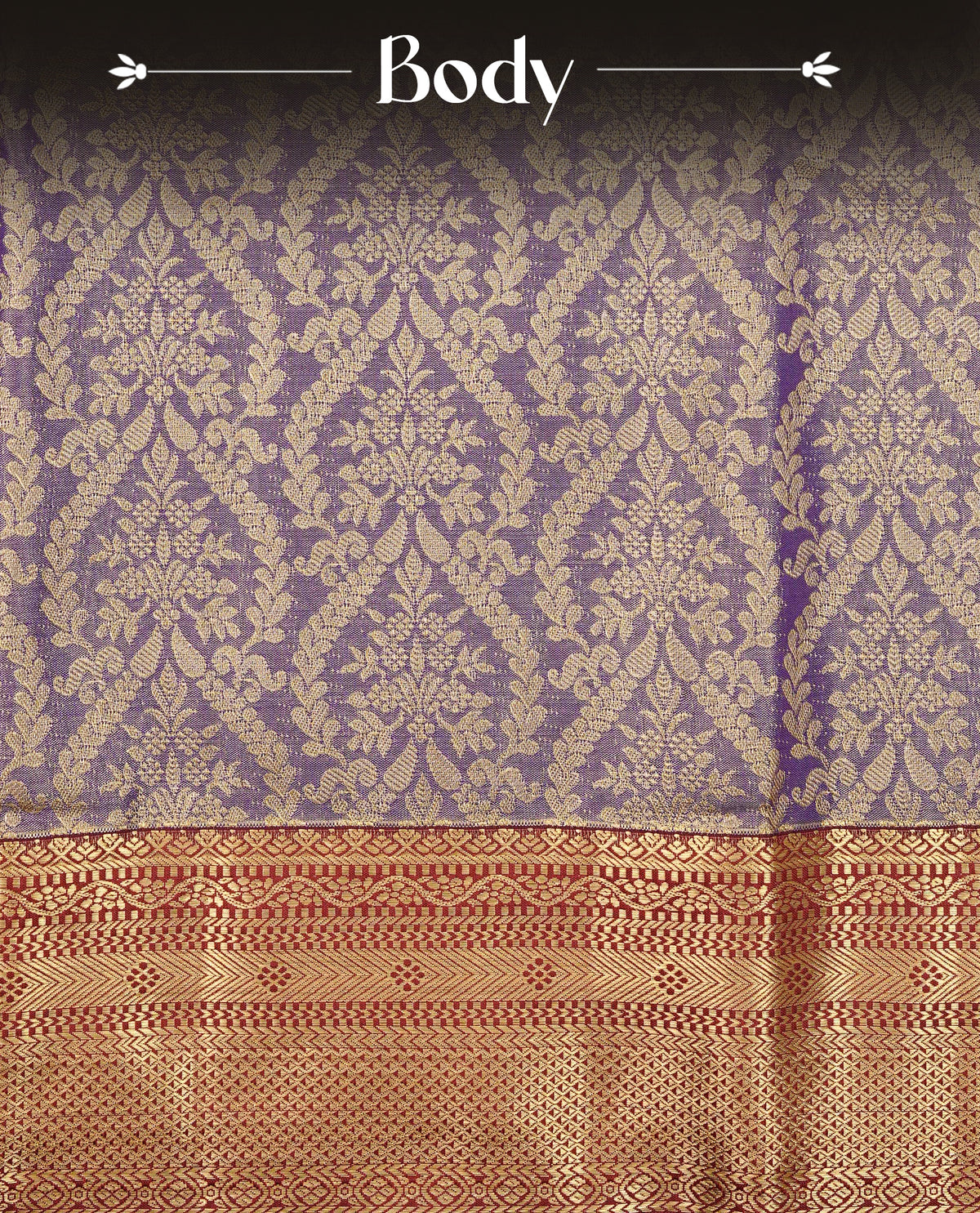 Purple colour Semi Tissue Silk Saree featuring gold zari floral kodi Works on the body, complemented by an intricately woven gold zari pallu, a rich Maroon border with gold zari work and paired with a matching plain blouse piece.