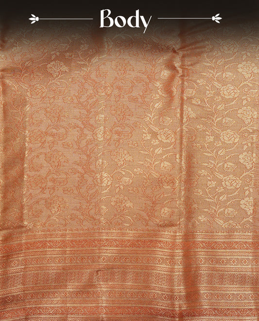 Light Brown Colour Semi Tissue Silk Saree featuring an all-over floral zari woven on  body, an elegant self-design zari pallu & Paired with a matching blouse piece.