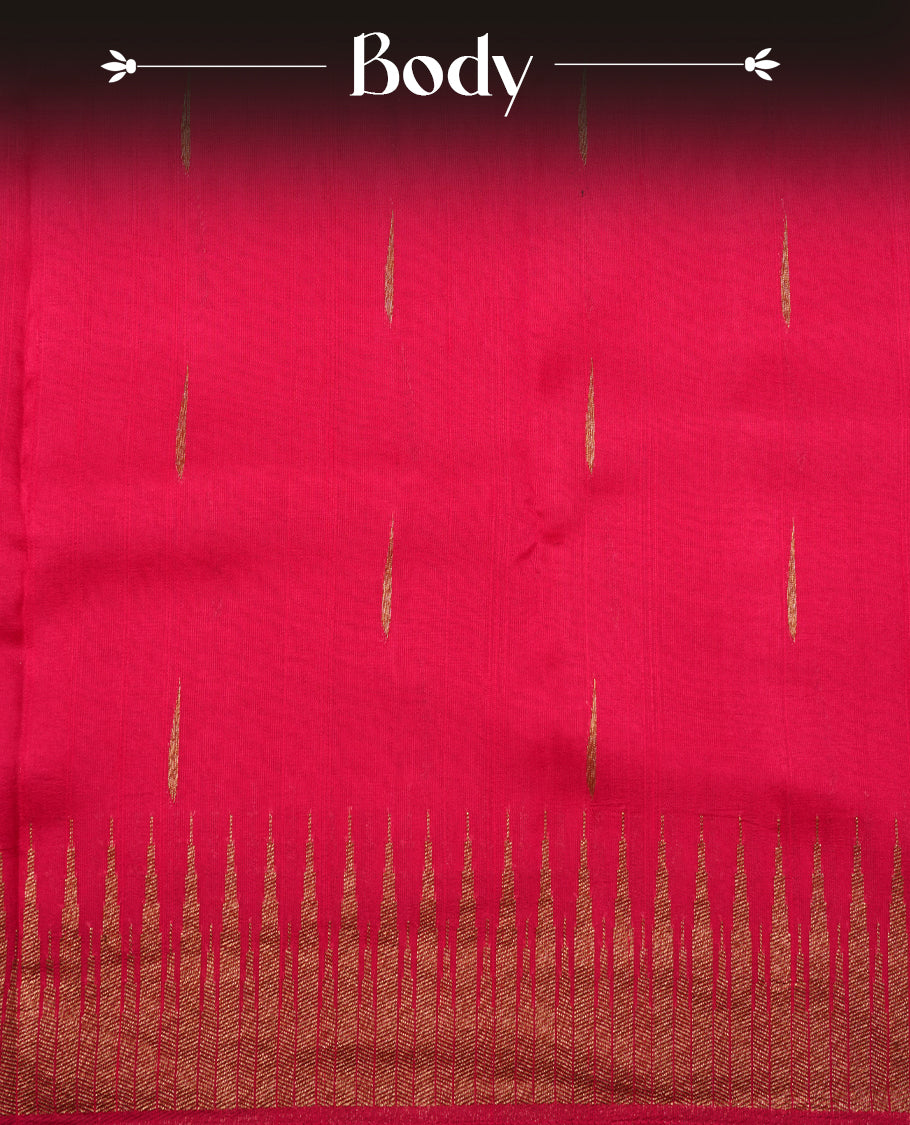 Deep Meganta colour semi banaras tussar georgette saree featuring antique gold zari motifs on body, temple pattern on border and floral pattern on pallu, paired with matching blouse piece.