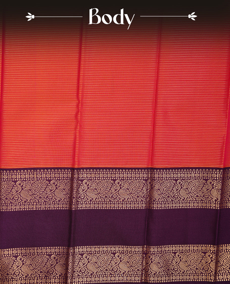 Rust orange coloured soft silk saree featuring gold zari stripes and motifs across the body, enhanced with a contrast Purple border and pallu, paired with a matching contrast blouse piece.