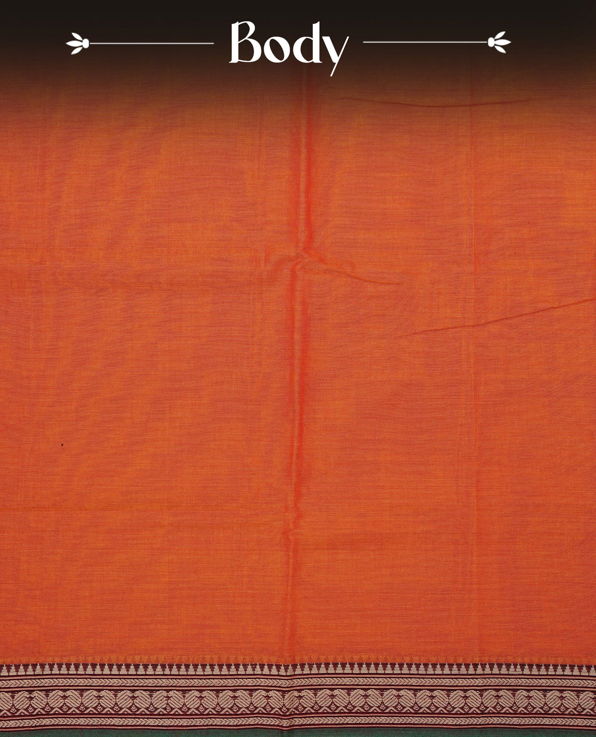 Orange colour Narayanapattu cotton saree with a plain body, complemented by a green colour with Beige colour mango motifs border & a striped contrast pallu, paired with a matching blouse piece.