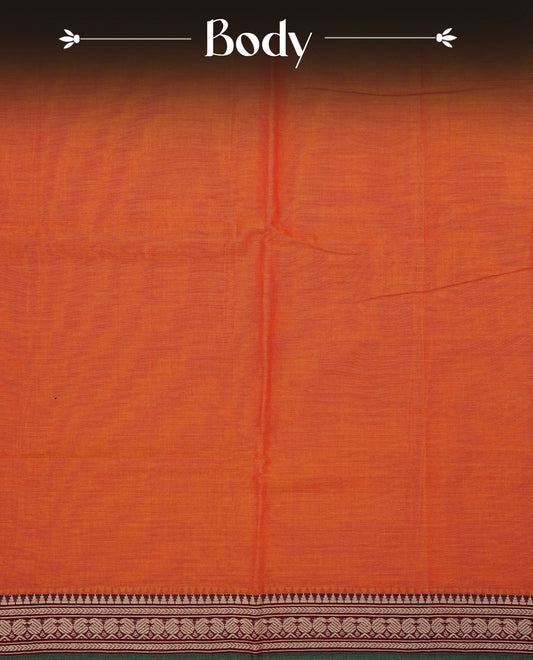 Orange colour Narayanapattu cotton saree with a plain body, complemented by a green colour with Beige colour mango motifs border & a striped contrast pallu, paired with a matching blouse piece.