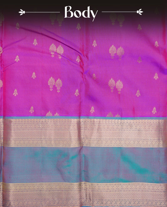 Violet Dual shade colour Traditional Kancheepuram Silk Saree with Elegant Gold Zari Buttas on the Body, Enhanced with a Contrast teal With dual shade Gold Zari Border and  Pallu, Paired with a Matching Blouse Piece.