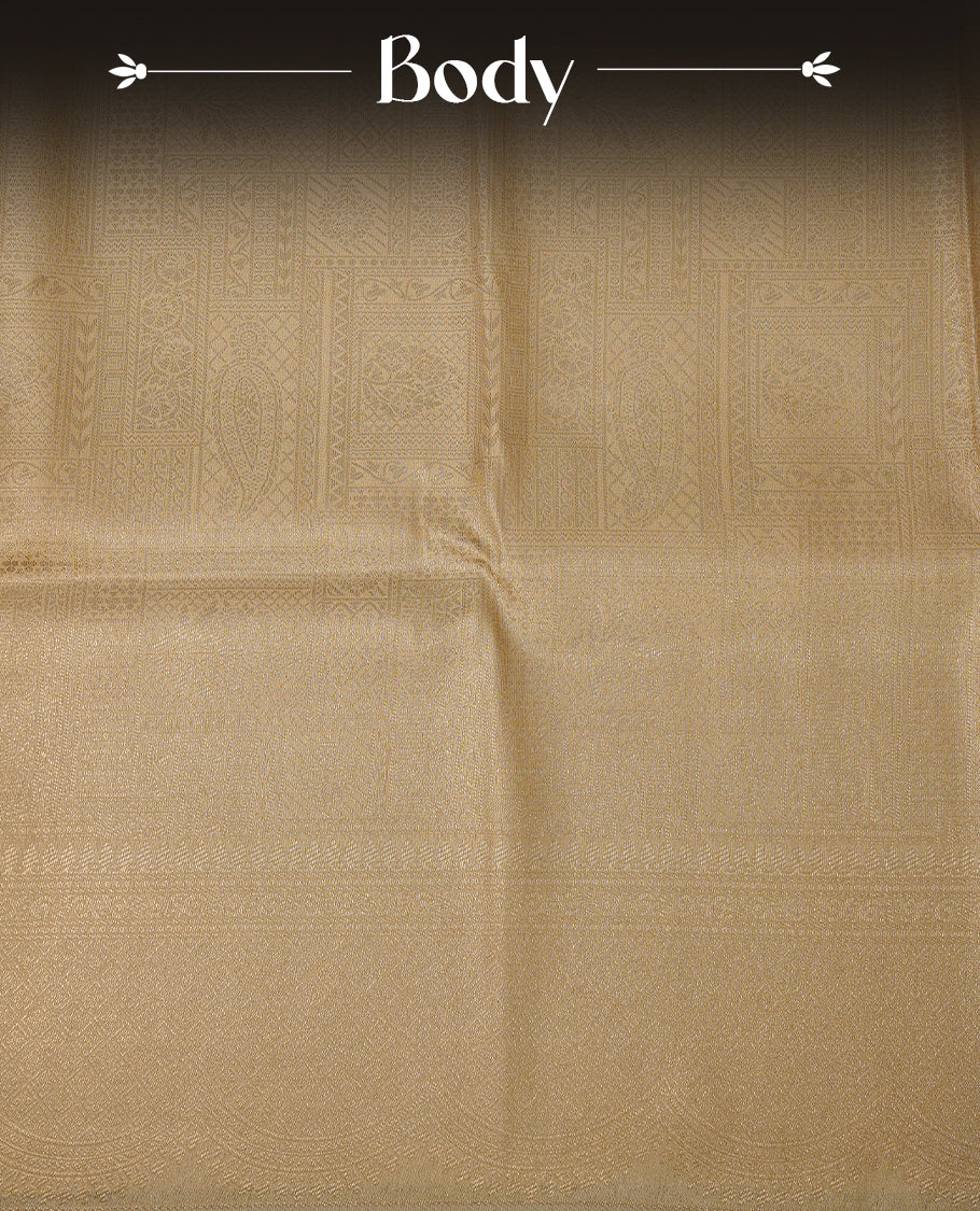 Cream colour soft silk saree featuring gold zari Geometric pattern on body, complemented by self colour with traditional border, paired with matching blouse piece.