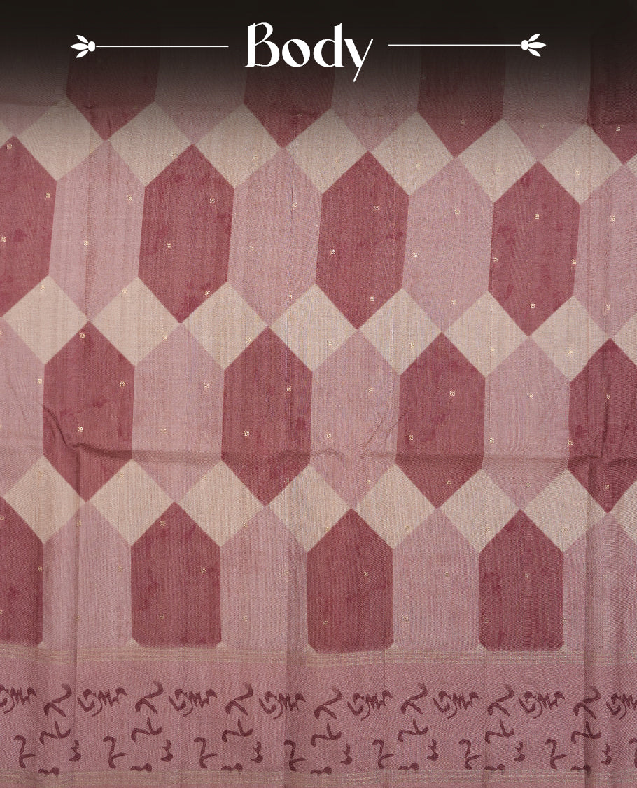 Mauve colour semi tusser silk saree featuring geometric print pattern across body, gold zari border with style motifs and paired with matching blouse.