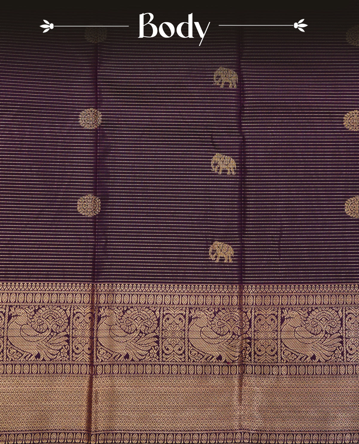 Purple colour soft silk saree featuring gold zari lines with elephant motifs on body, contrast Mustard yellow colour gold zari peacock motifs on border, grand pallu comes with matching blouse piece.