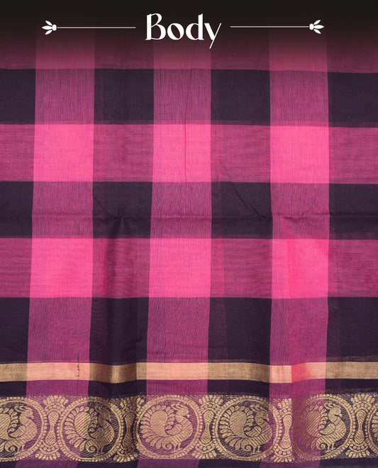 Magenta & Dark brown colour chettinad cotton saree featuring check pattern on body, complemented by Self Colour with gold zari border, comes with matching blouse piece.