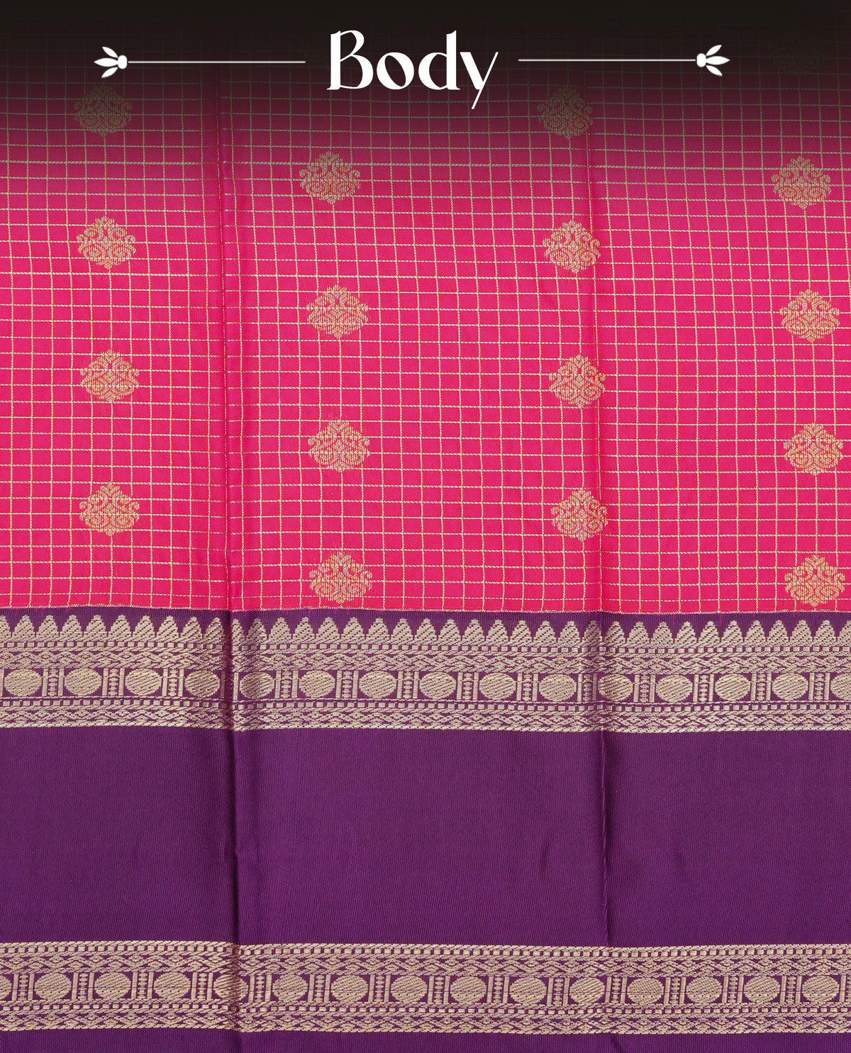 Dark magenta colour soft silk saree featuring gold zari checks with floral mottifs on body, contrast purple colour gold zari traditional border, grand pallu comes with matching blouse piece.