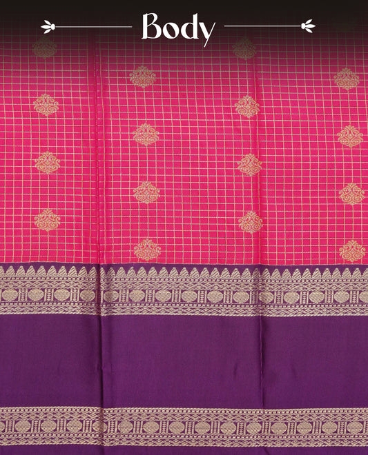 Dark magenta colour soft silk saree featuring gold zari checks with floral mottifs on body, contrast purple colour gold zari traditional border, grand pallu comes with matching blouse piece.