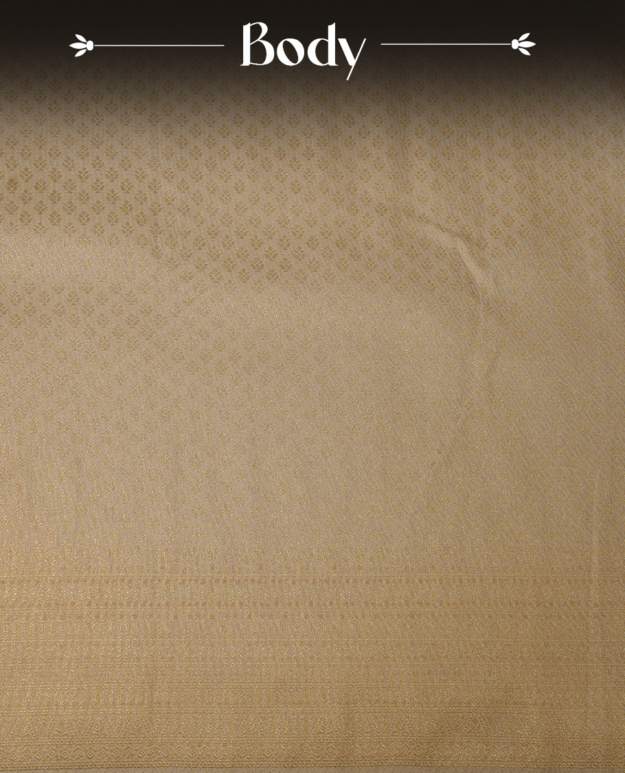 Cream colour soft silk saree featuring gold zari pattern on body, complemented by self colour with traditional border, paired with matching blouse piece.