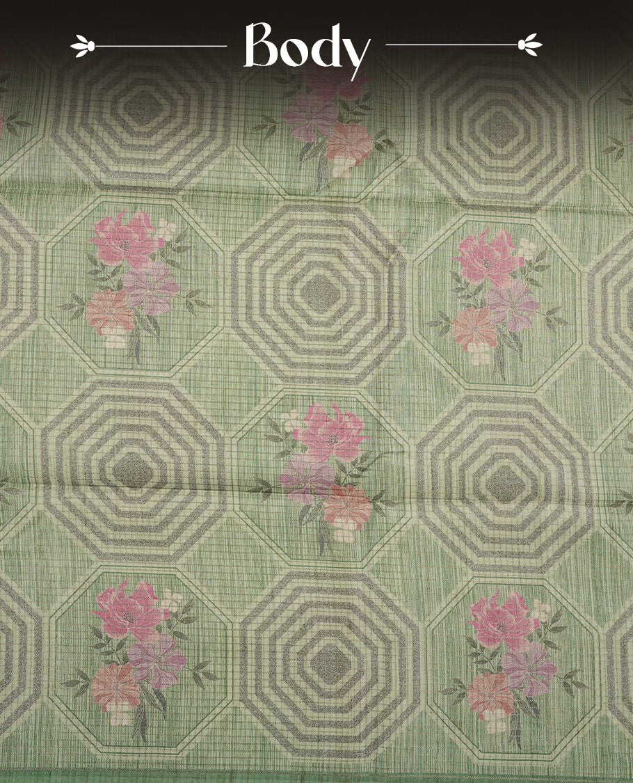 Light green colour semi tussar silk saree featuring geometric print and gold zari check pattern across body, contrast green colour border and pallu, paired with matching blouse piece.