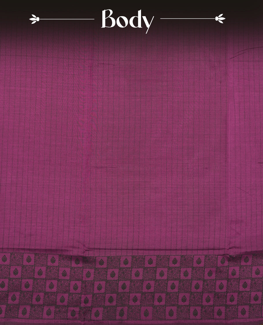 Purple colour poly cotton saree with black vertical dotted line pattern on the body, paired with a matching pallu featuring black zigzag geometric border, and a coordinated all‑over black stylised fleur‑de‑lis printed blouse piece.