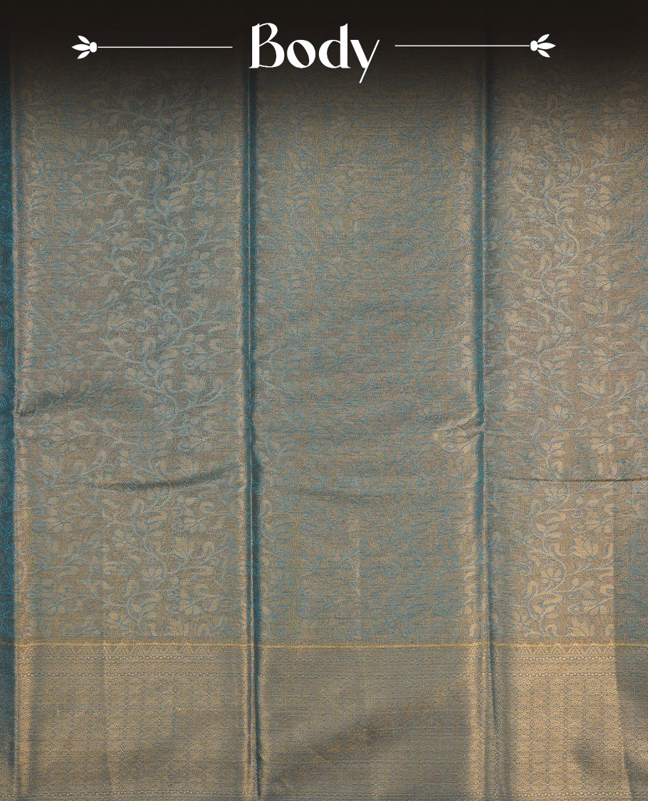 Blue & Gold colour semi tissue silk saree featuring gold zari pattern on body, self colour with gold zari traditional border, paired with matching blouse piece.