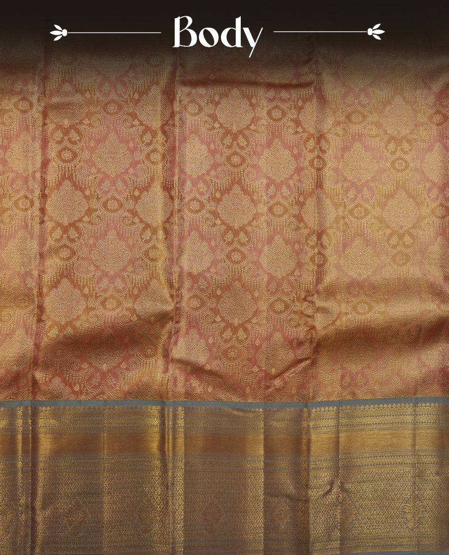 Pink & gold double shade colour kancheepuram tissue silk saree highlighting gold zari pattern body, with contrast powder blue colour colour with traditional border and paired with matching blouse.