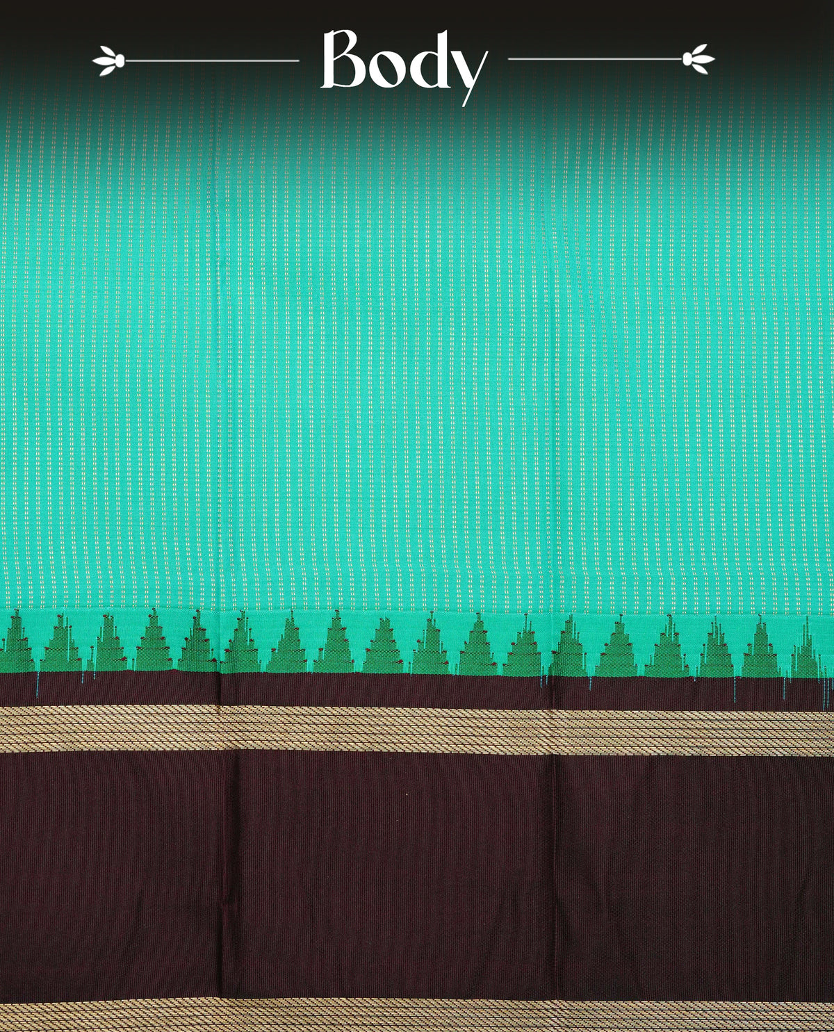Aqua blue colour soft silk saree featuring gold zari stripes on body, contrast dark chocolate colour gold zari simple border, grand pallu comes with matching blouse piece.