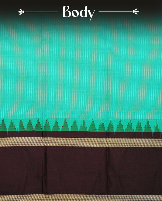 Aqua blue colour soft silk saree featuring gold zari stripes on body, contrast dark chocolate colour gold zari simple border, grand pallu comes with matching blouse piece.