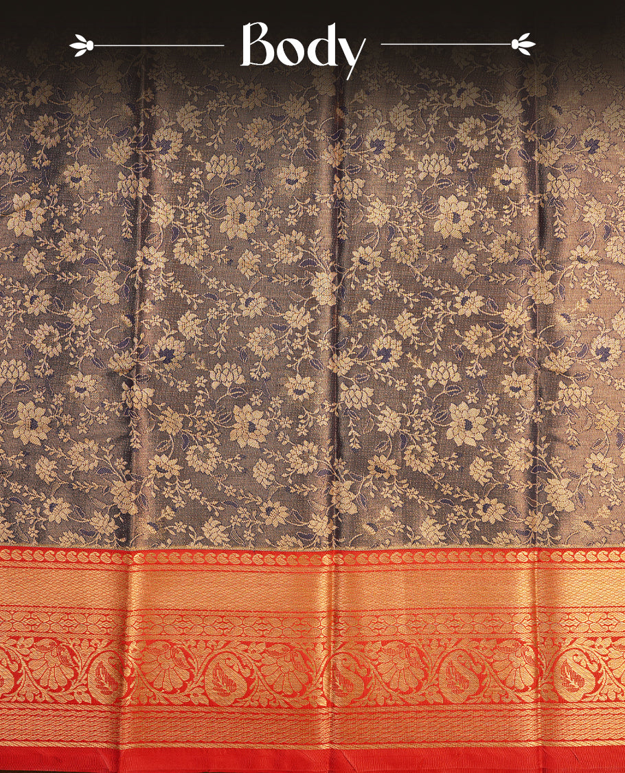 Blue & gold double shade colour semi tissue silk saree featuring gold zari floral kodi pattern on body, contrast Red colour with gold zari traditional border, paired with matching blouse piece.