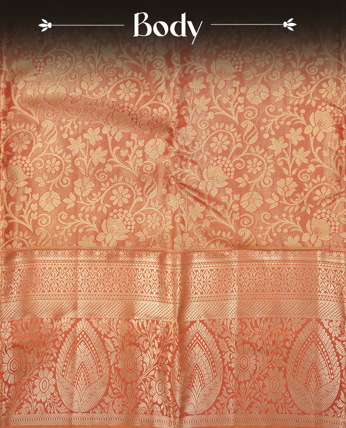Orange colour Semi Tissue Silk Saree featuring gold zari floral kodi motifs on the body, complemented by an intricately woven gold zari pallu, a rich self-coloured border with gold zari, and paired with a matching plain blouse piece.
