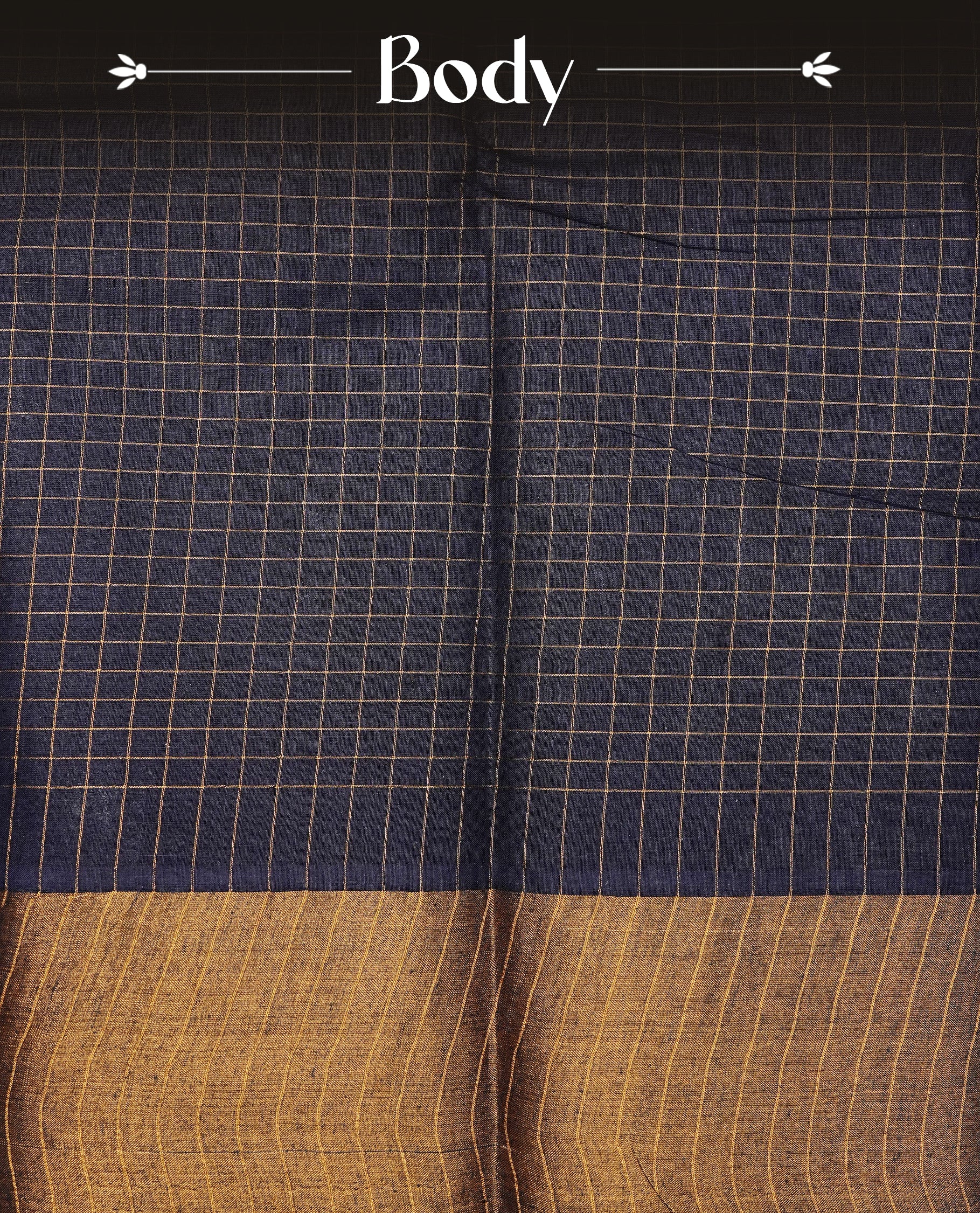 Navy blue colour Sungudi cotton saree featuring elegant gold zari checks across the body, complemented by a contrast gold zari border. Comes with a matching blouse piece.