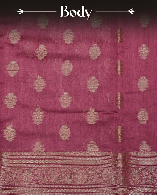 Pastel Onion Colour Tussar Silk saree with antique zari butta motifs On Body, a self-toned floral zari border, a rich zari pallu, and a matching blouse piece.