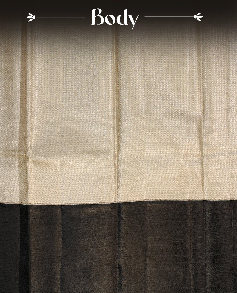 Silver colour semi tissue silk saree featuring gold zari check pattern on body, contrast Black colour with selfcolour traditional border, paired with matching blouse piece.