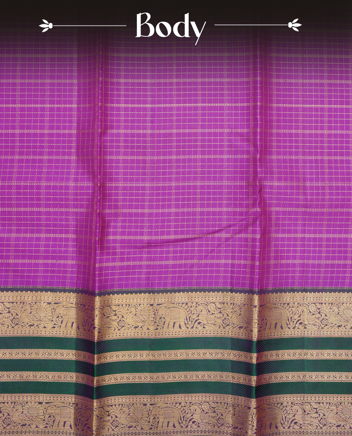 Royal Purple colour Kancheepuram Silk Saree with Gold Zari Checks on body, Contrast Green colour with Gold Zari Border & Rich Woven Pallu, Paired with a matching blouse piece