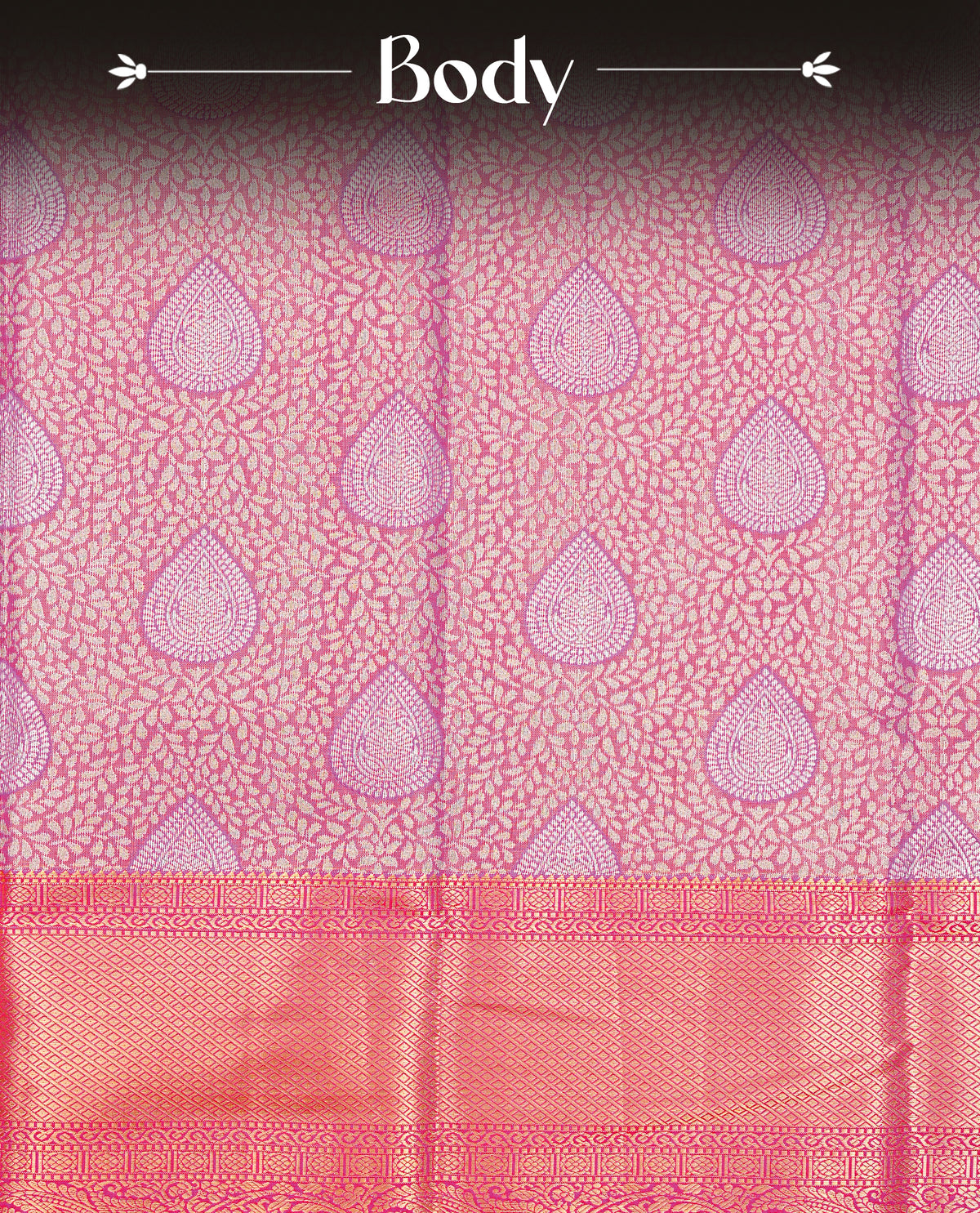Magenta & Gold Double shade Semi Tissue Silk saree featuring Light gold Kodi pattern on body, complemented by Contrast Magenta with gold zari border, paired with matching blouse piece.