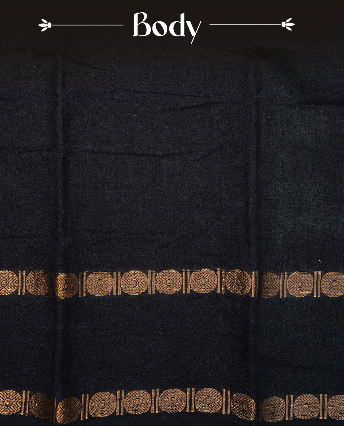 Black Colour  Sungudi Cotton Saree with gold zari motifs on the body, a matching gold zari border, and a plain pallu. Paired with a contrast Orange colour  blouse piece  featuring a gold zari peacock border.