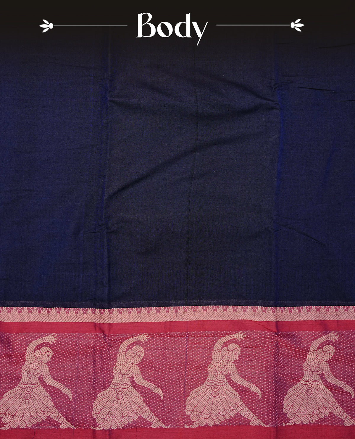 Navy blue Colour Narayanapattu Cotton Saree with a Plain Body, featuring  maroon with Contrast Beige Dancing Lady Motifs on Border and Contrast pallu. Paired with a Matching  blouse piece.