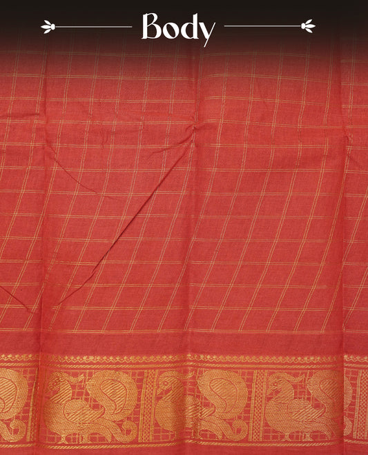 Red Sungudi cotton saree featuring elegant gold zari checks across the body, complemented by a rich gold zari peacock border. Paired with a matching blouse piece