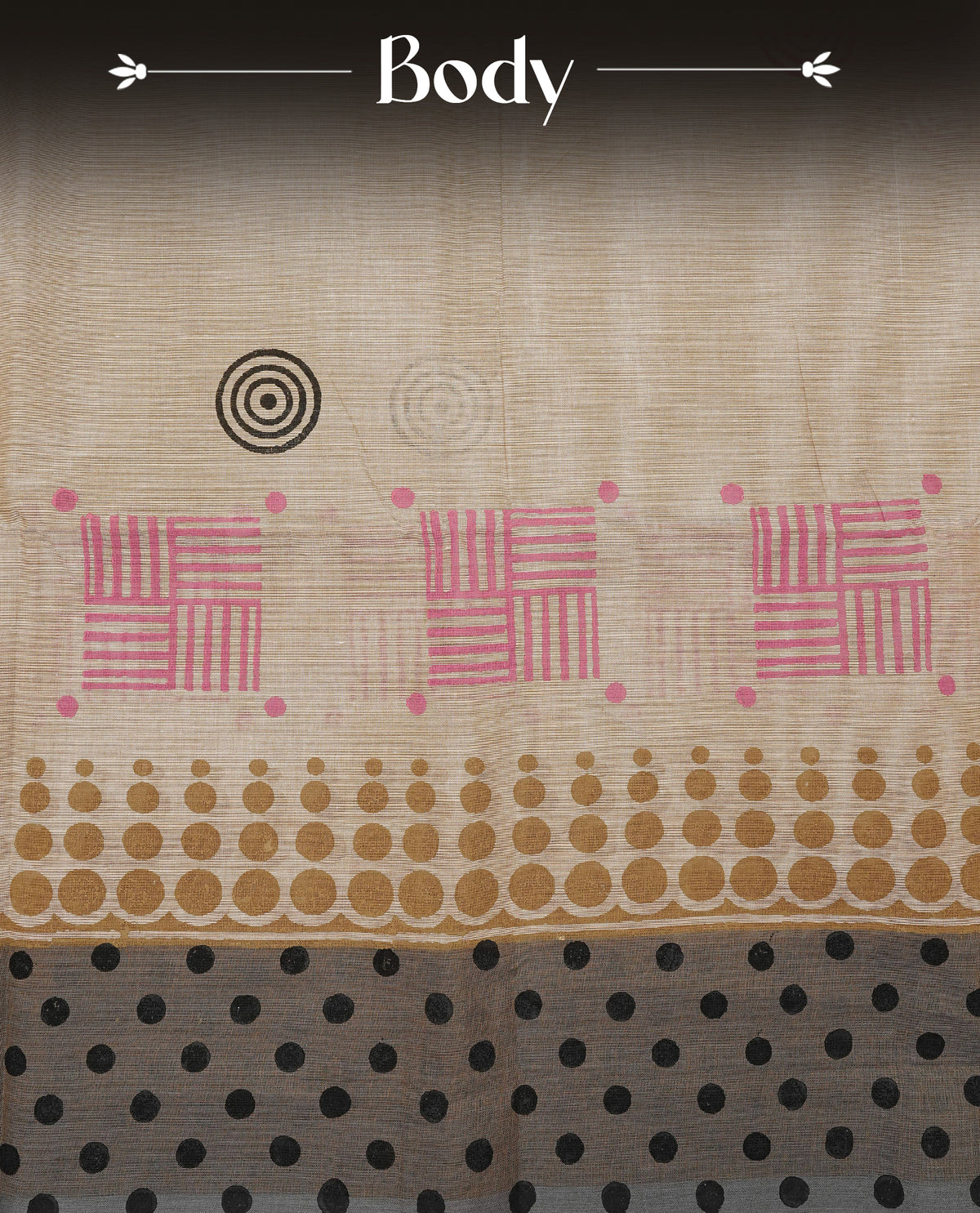 Cream Colour Chettinad Cotton Saree featuring a printed body, beautifully complemented by a contrast grey border with black polka dot prints,paired with a matcing blouse piece.