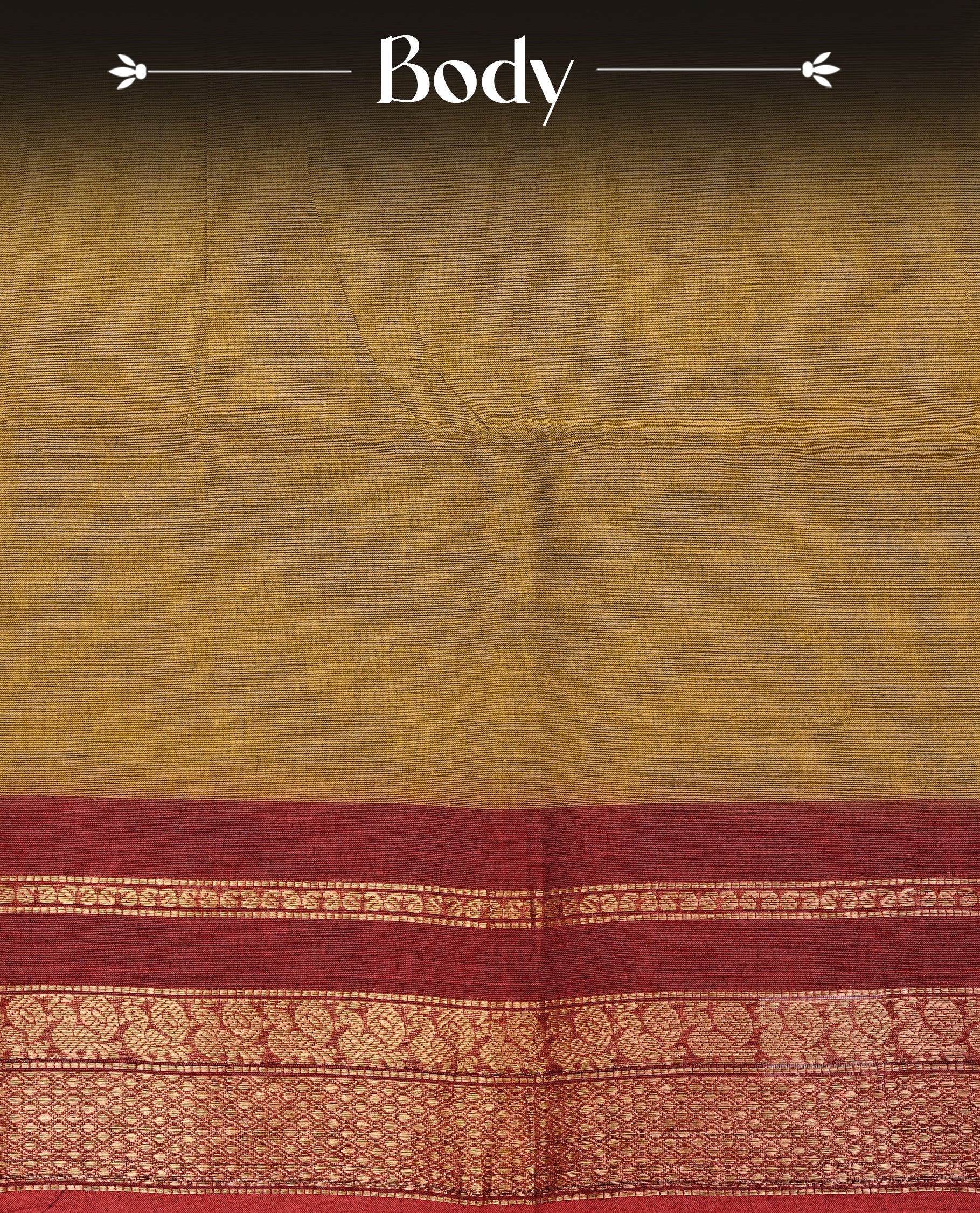 Dark mustard colour chettinad cotton saree featuring elegant plain body, Contrast Red colour with Gold zari border, comes with matching blouse piece.