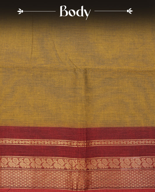 Dark mustard colour chettinad cotton saree featuring elegant plain body, Contrast Red colour with Gold zari border, comes with matching blouse piece.