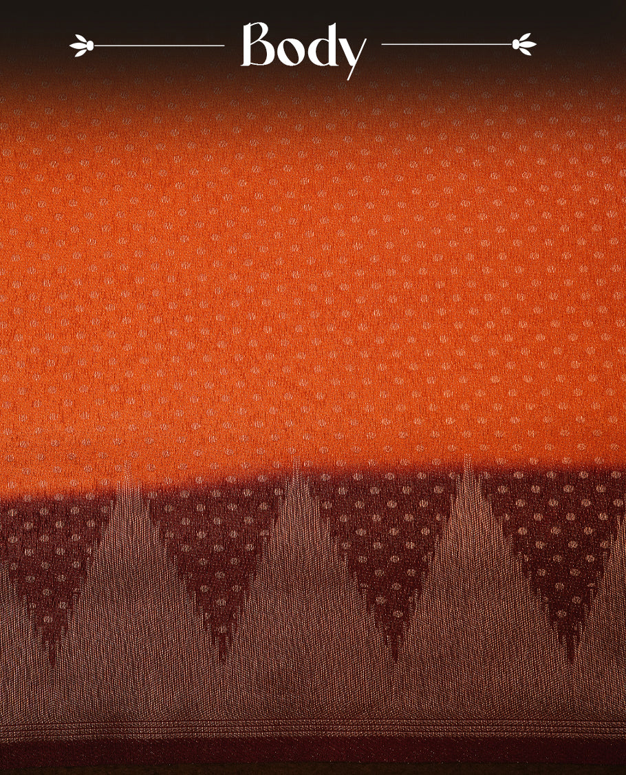 Rust orange colour softie silk saree featuring dot gold zari pattern across body, complemented by contrast chocolate brown with gold zari border, paired with matching blouse