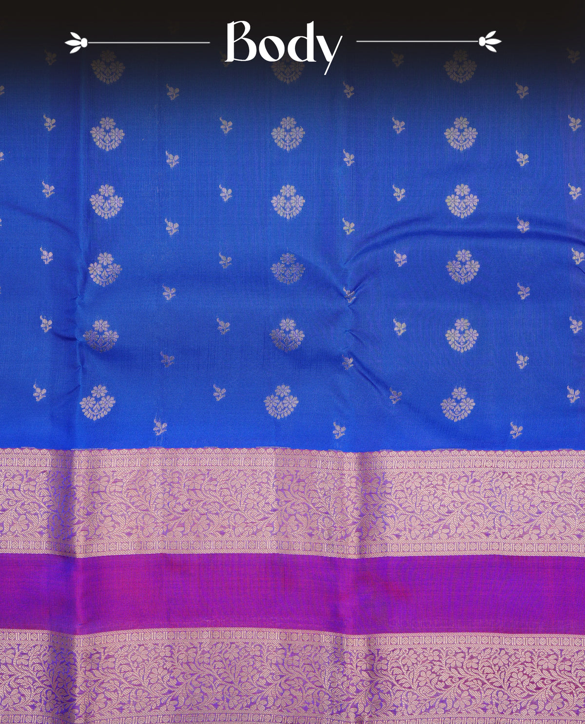 Blue colour Traditional Kancheepuram Silk Saree with Elegant Gold Zari Buttas on the Body, Enhanced with a Contrast Magenta Colour with Gold Zari Border and Rich Pallu, Paired with a Matching Blouse Piece.