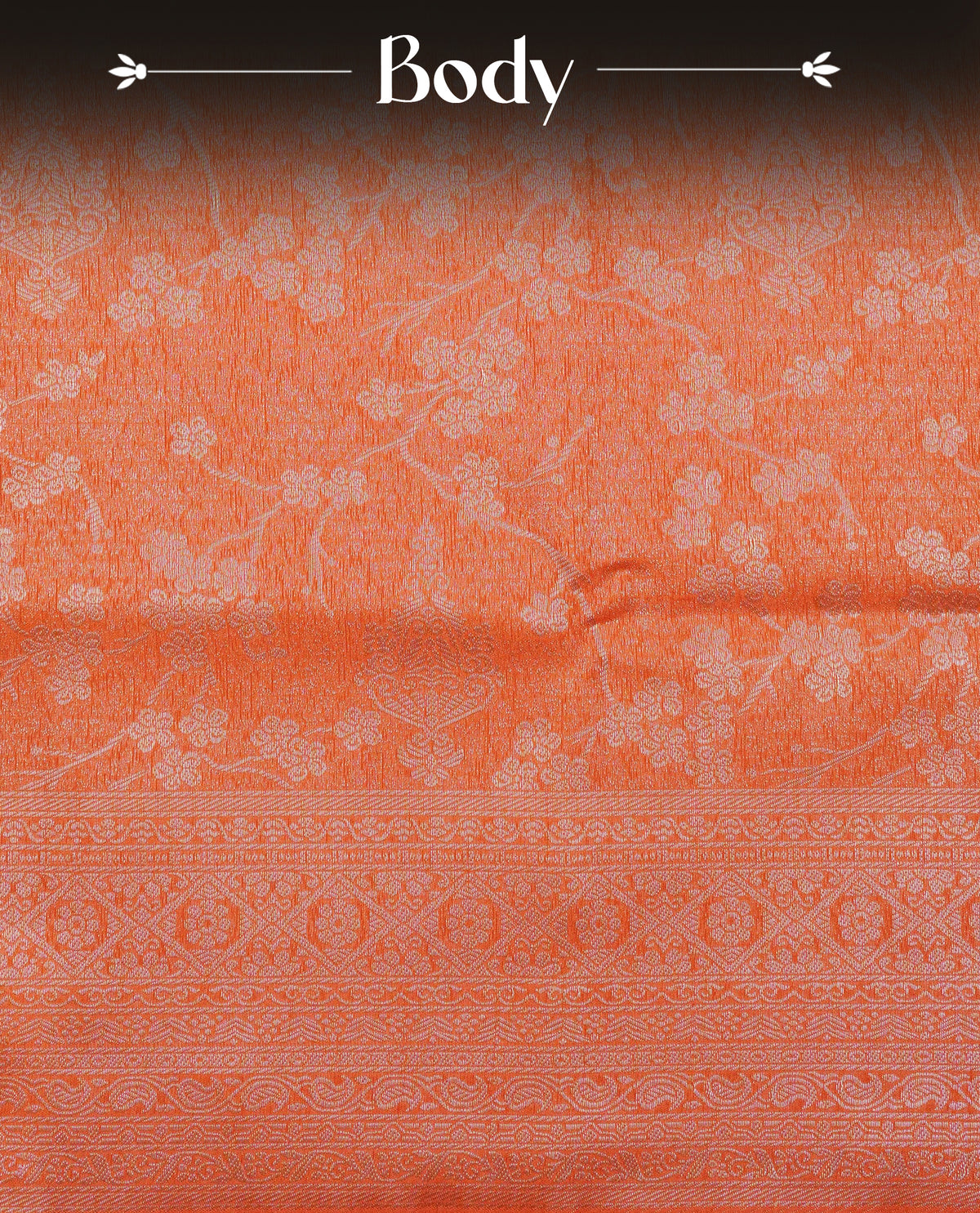Orange colour softie silk saree featuring silver zari, rich pallu floral brocade body, with contrasting self colour border.paired with matching blouse piece.