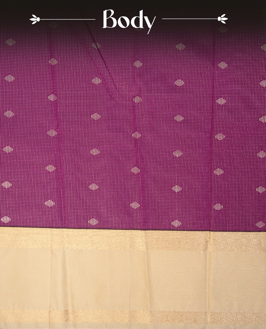 Purple coloured soft silk saree featuring gold zari stripes and motifs across the body, enhanced with a contrast Cream border and pallu, paired with a matching contrast blouse piece.