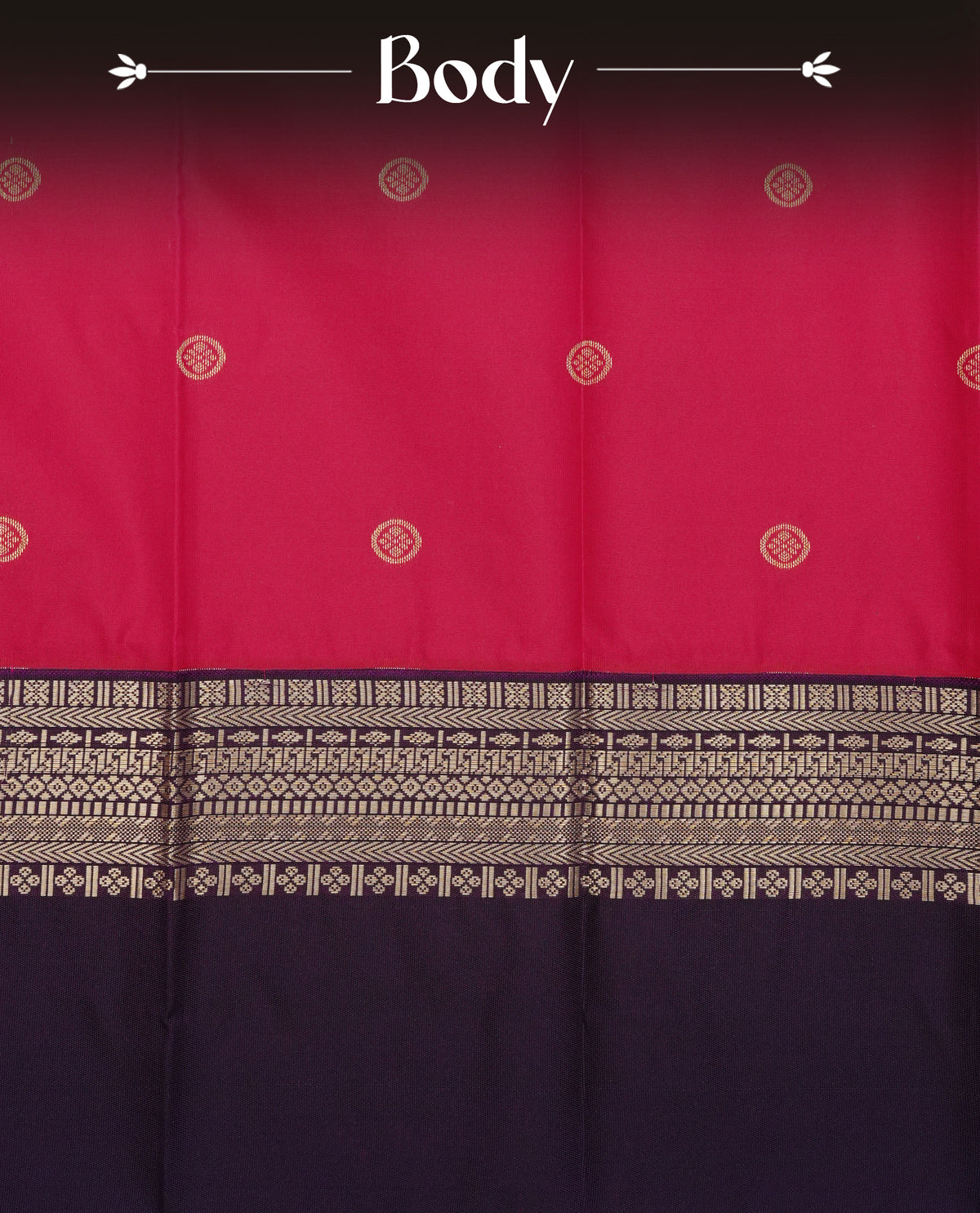 Ranipink colour soft silk saree featuring gold zari buttas on body, with contrast dark purple colour with half gold zari traditional border, with grand pallu comes with matching blouse piece.
