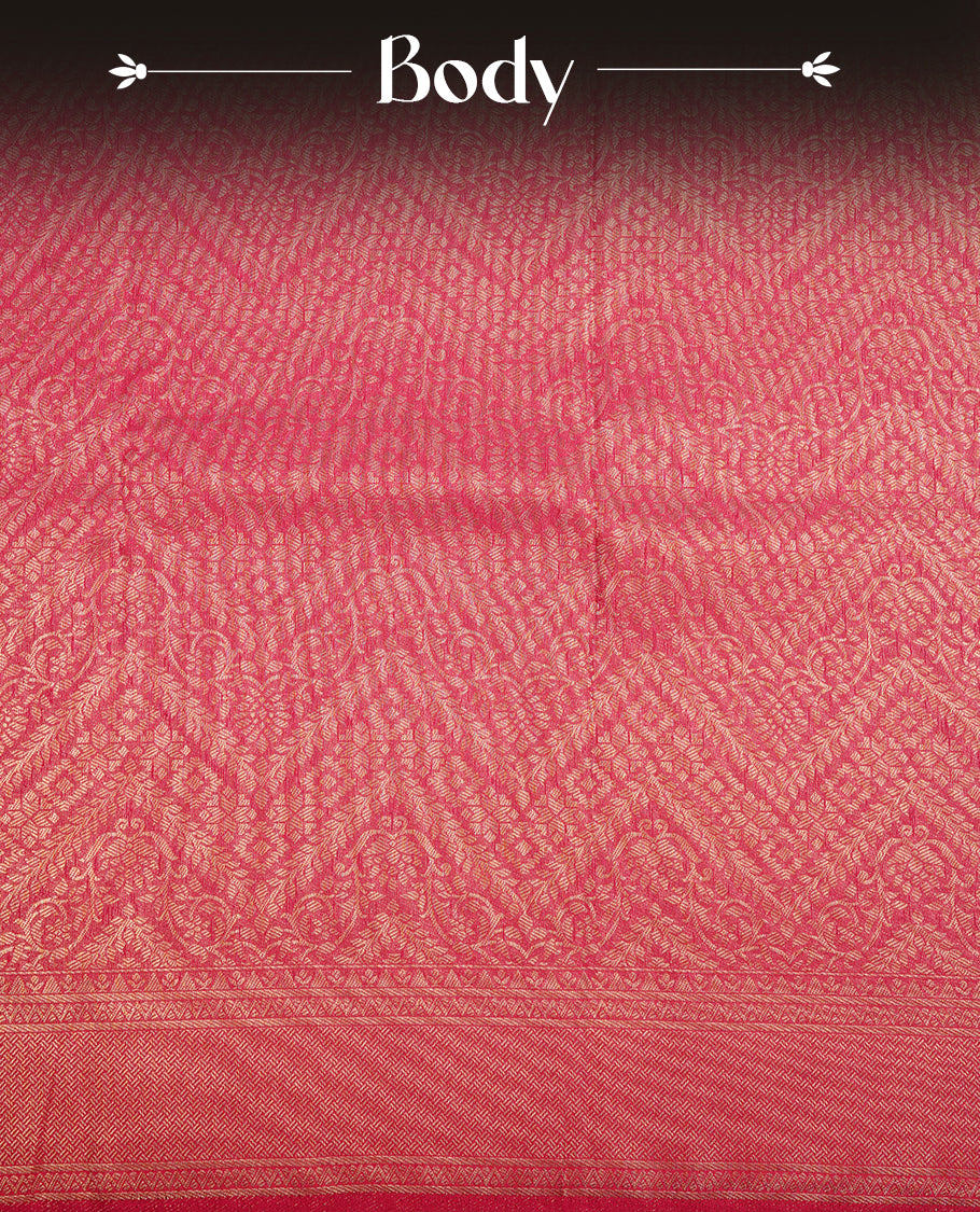 Rani pink colour soft silk saree featuring gold zari zig zag & floral kodi pattern on body, complemented by self colour with traditional border, paired with matching blouse piece.