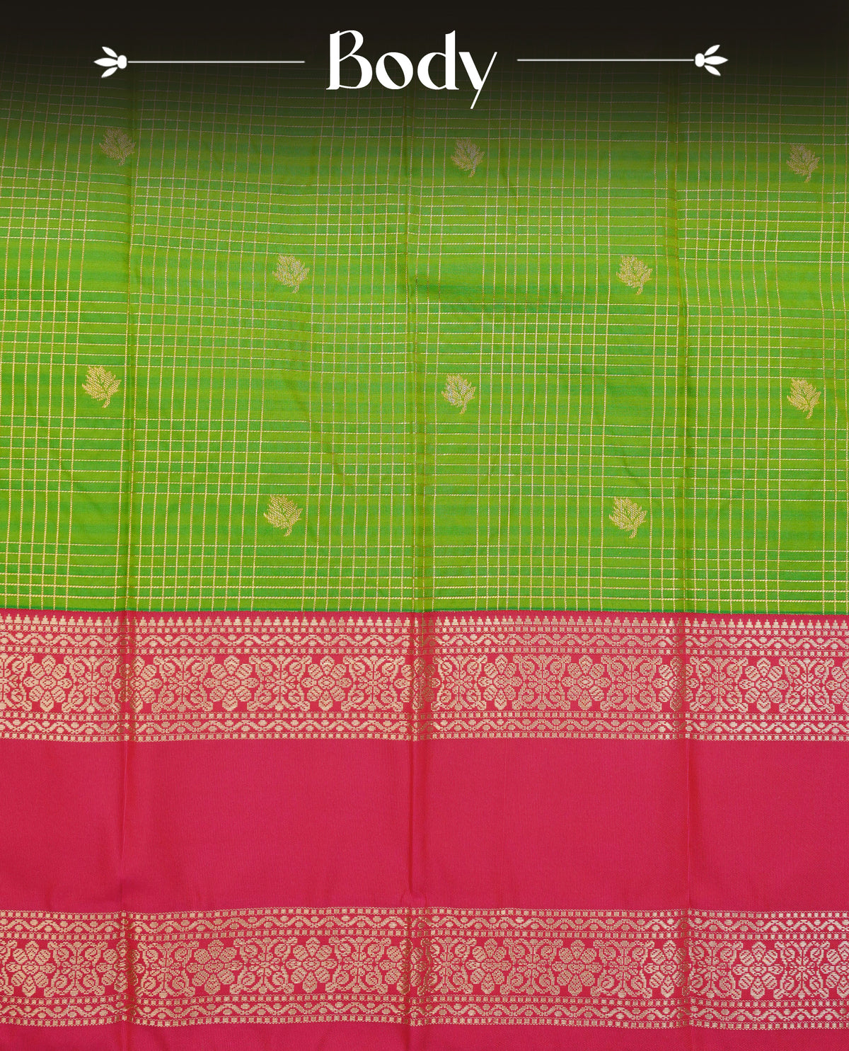 Green colour soft silk saree featuring floral gold zari checks with buttas on body, contrast pink colour traditional border, grand pallu comes with matching blouse piece.