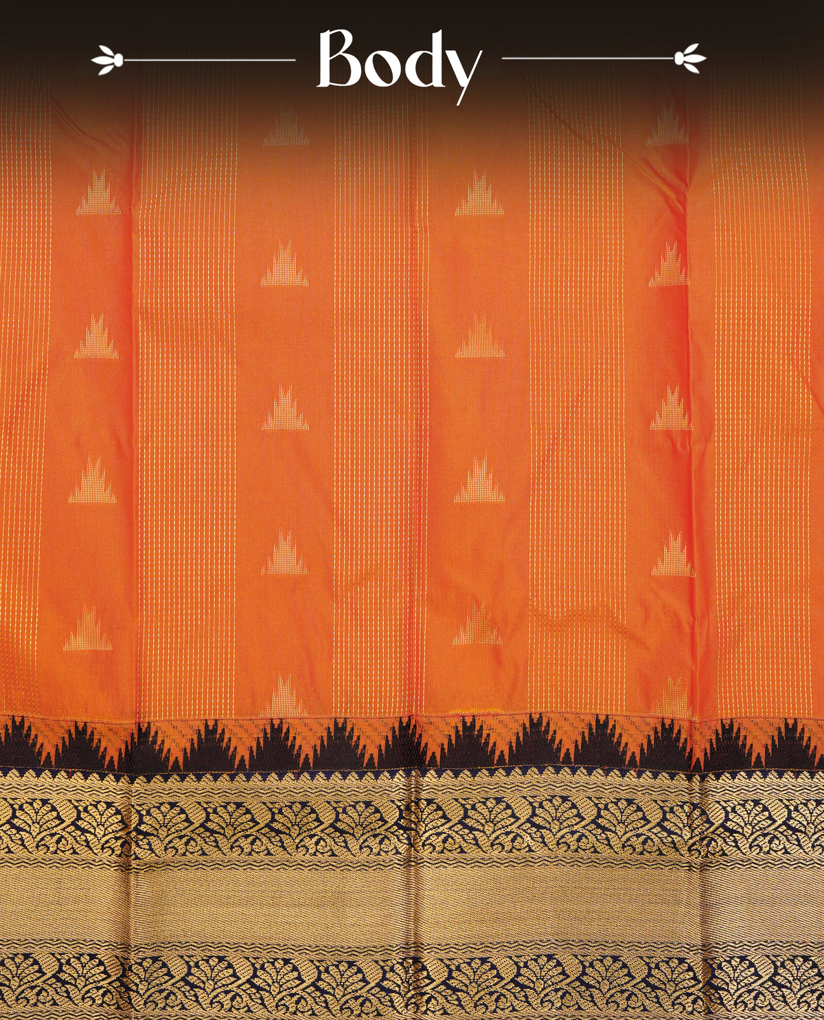 Orange colour silk saree featuring gold zari stipes on body, contrast navy blue with gold zari traditional border, contrast grand pallu comes with matching blouse piece .