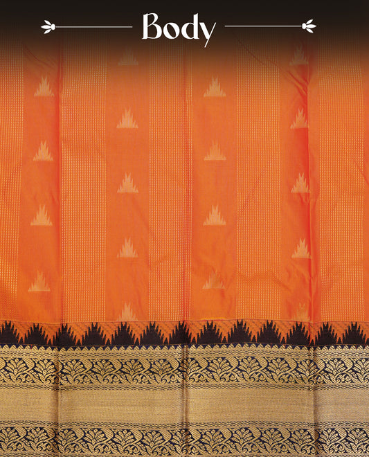 Orange colour silk saree featuring gold zari stipes on body, contrast navy blue with gold zari traditional border, contrast grand pallu comes with matching blouse piece .